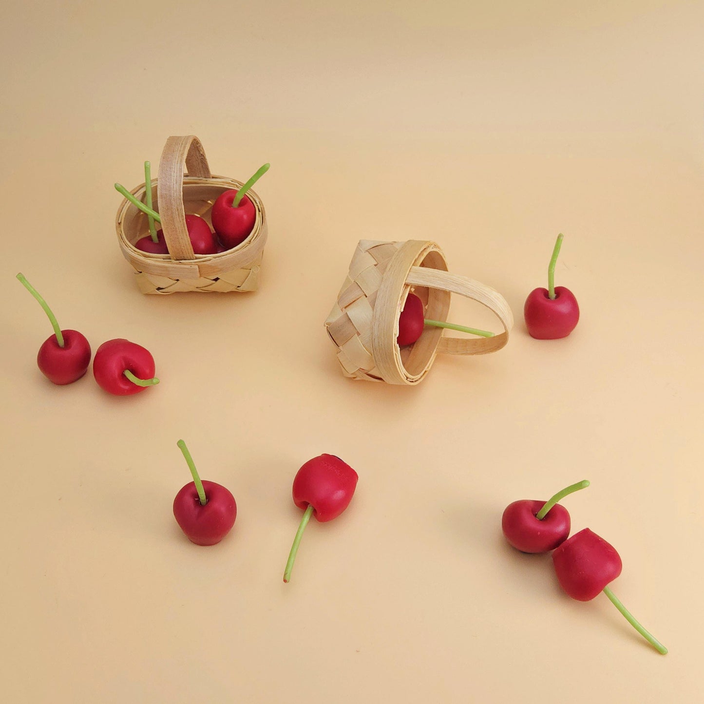 cherry candles, cherry-shaped candles, birthday cake toppers, birthday candles, scented cherry candles, basket of cherry candles, handmade candles, scented soy wax for gifts and decoration, home decor, cherry candle set, gift set, unique candle