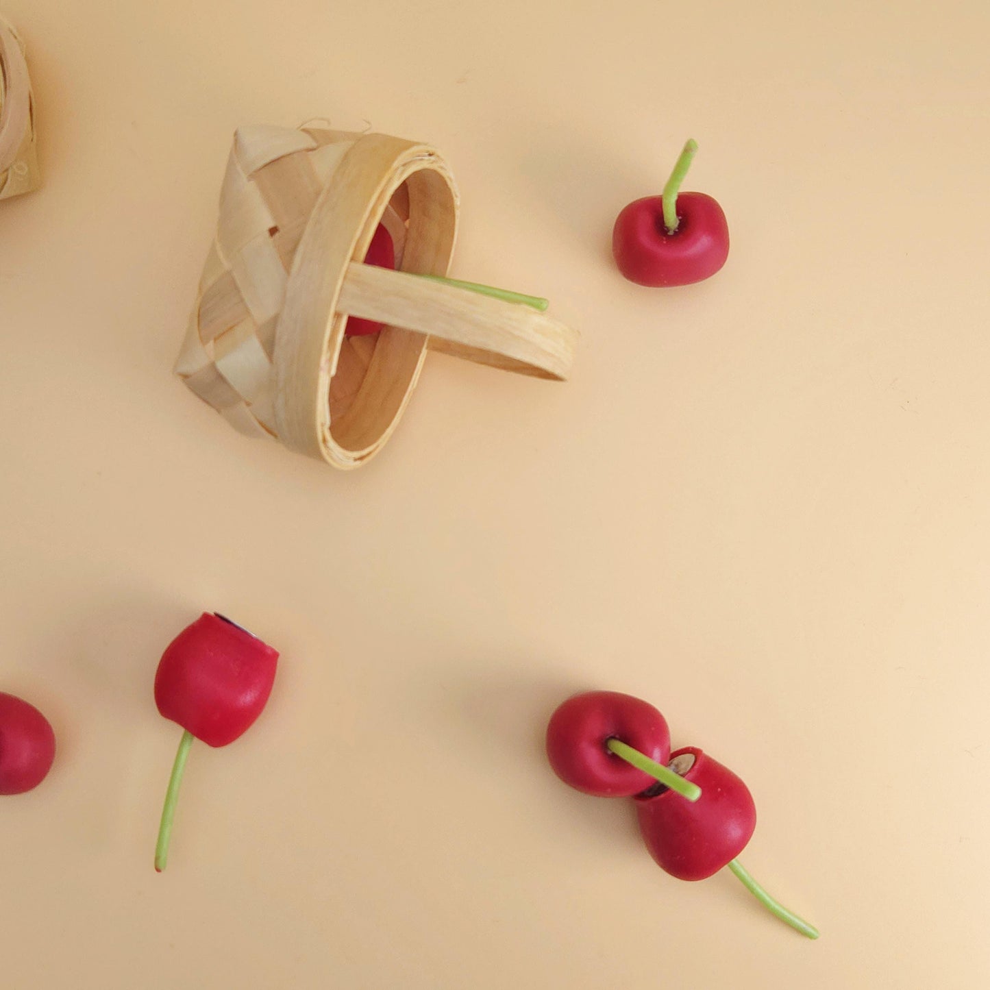 cherry candles, cherry-shaped candles, birthday cake toppers, birthday candles, scented cherry candles, basket of cherry candles, handmade candles, scented soy wax for gifts and decoration, home decor, cherry candle set, gift set, unique candle