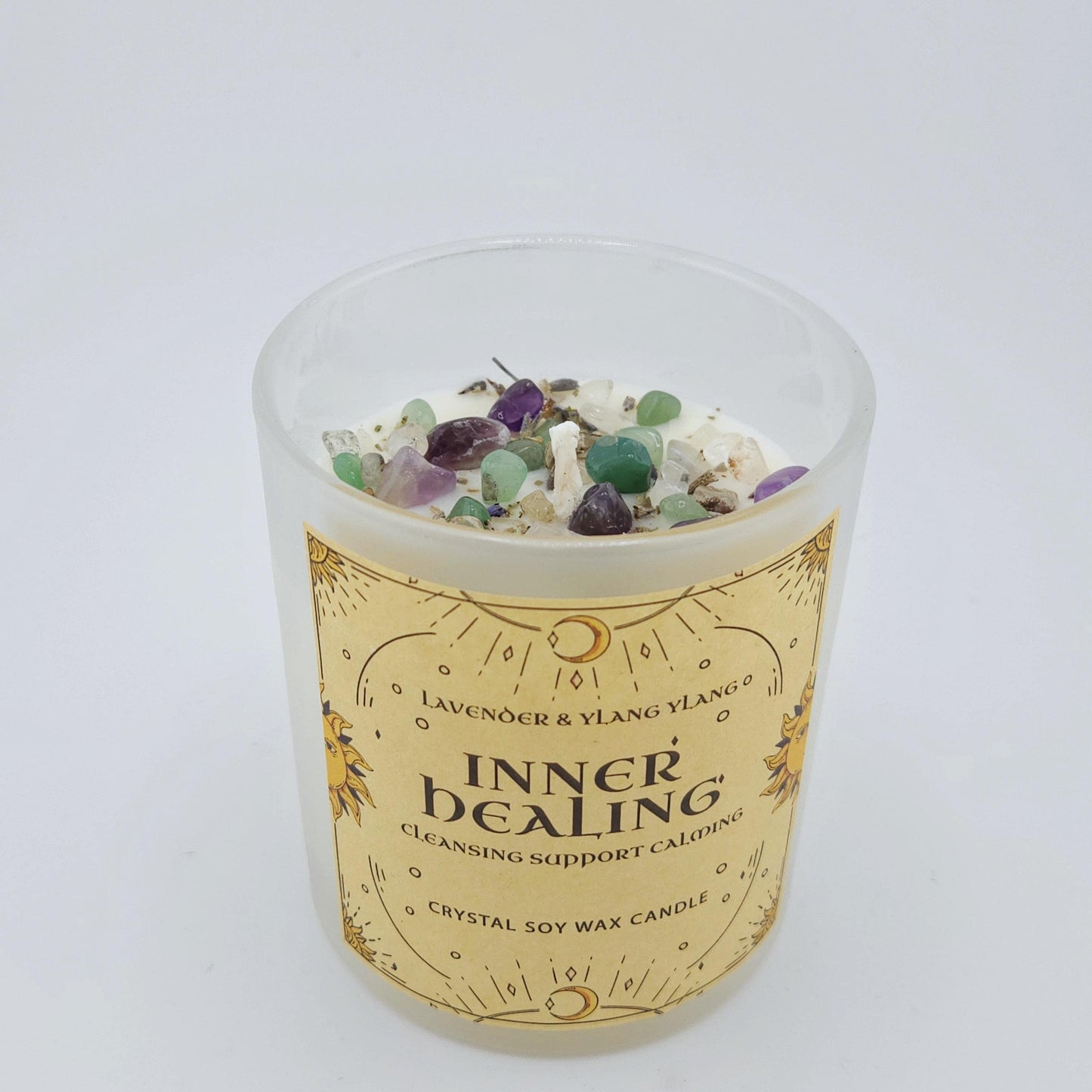 Crystal Intention Candle | 8oz Soy Wax Container Candle for Protection, Healing, Prosperity, Positive Energy | Herbal & Crystal Candle Gift