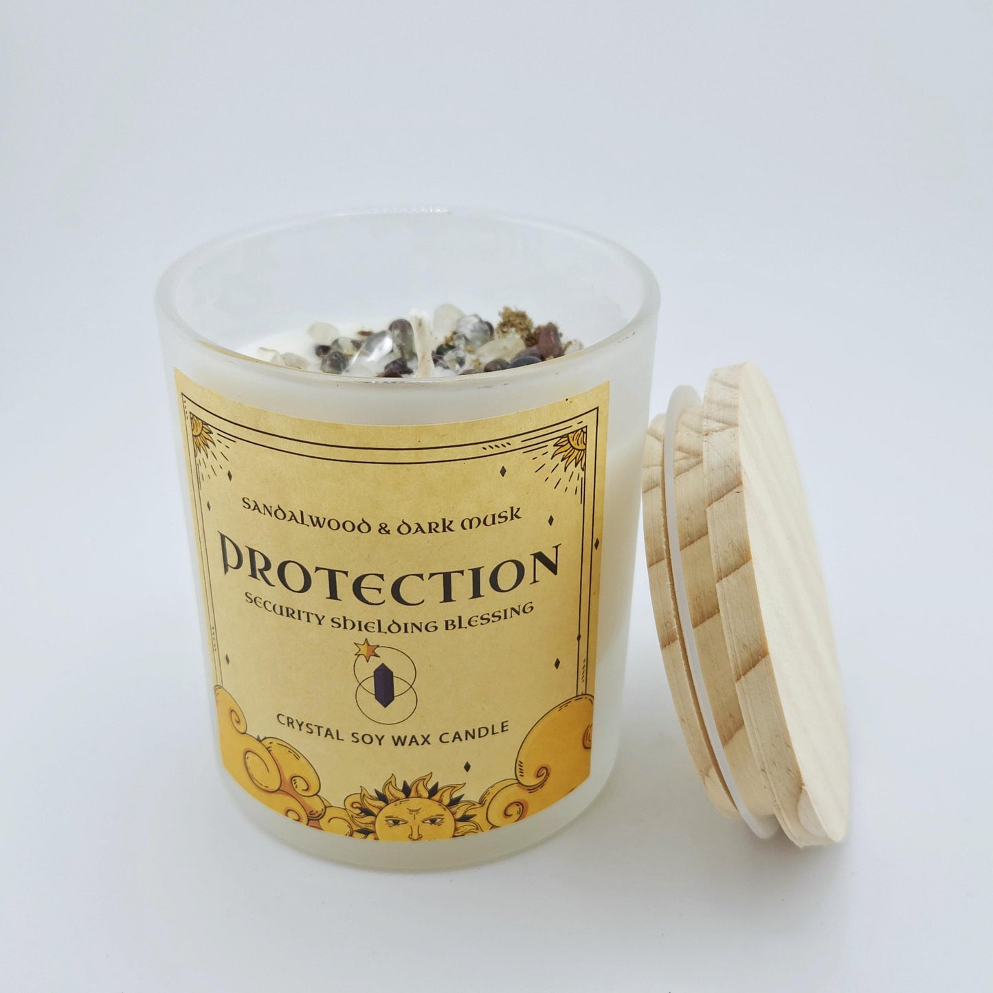 Crystal Intention Candle | 8oz Soy Wax Container Candle for Protection, Healing, Prosperity, Positive Energy | Herbal & Crystal Candle Gift