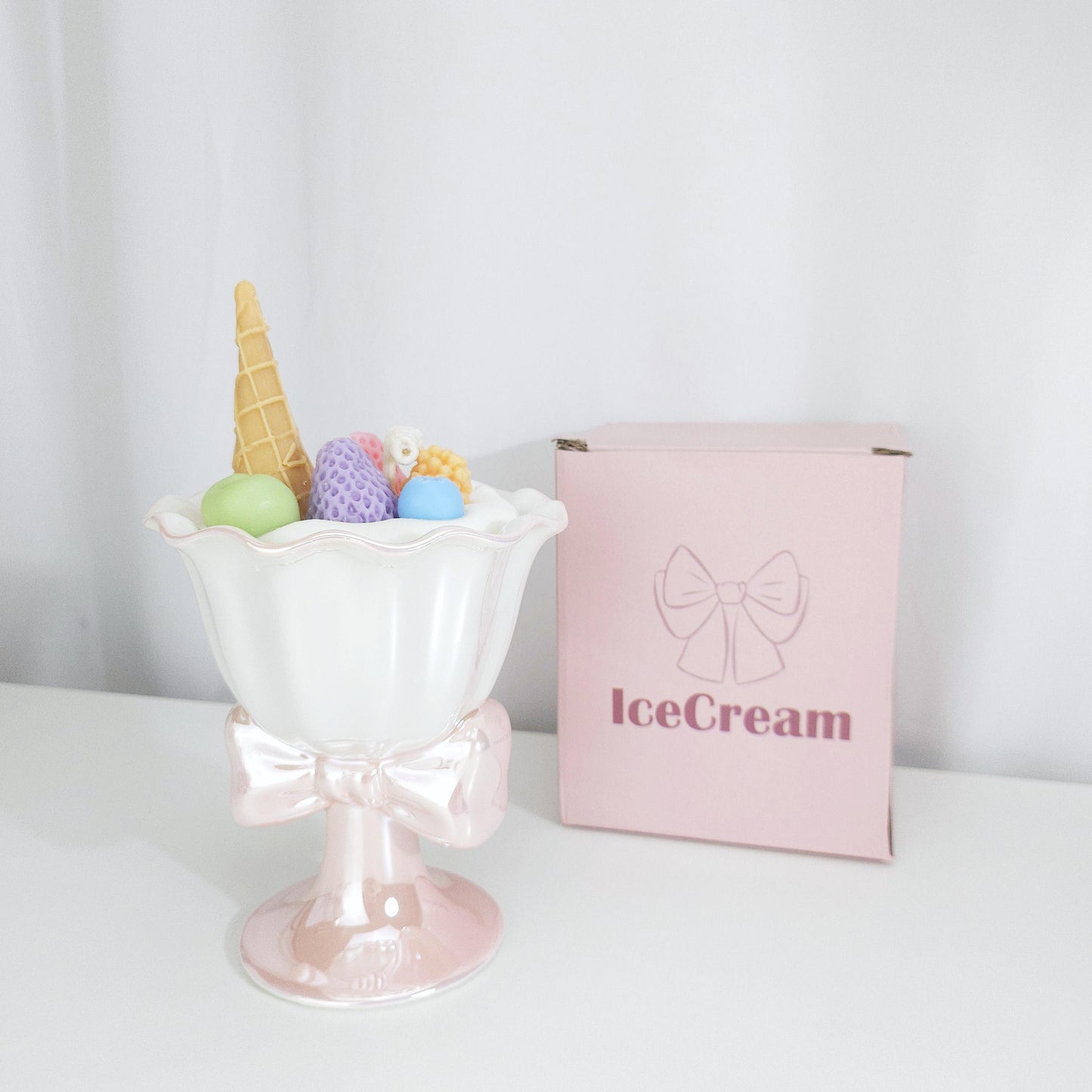 Cute Dessert-Themed Candle in Ceramic Mug| Bowtie Cup Candle with Scent|Unique Gift Idea|Ice Cream Cone & Bowtie Ceramic Cup Candle|Handmade