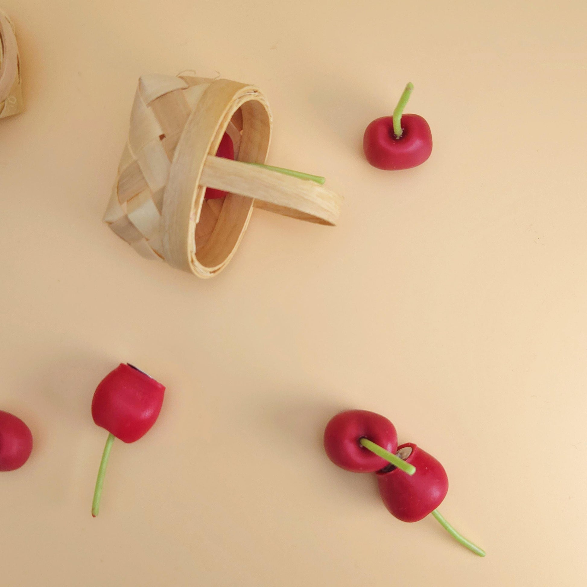 cherry candles, cherry-shaped candles, birthday cake toppers, birthday candles, scented cherry candles, basket of cherry candles, handmade candles, scented soy wax for gifts and decoration, home decor, cherry candle set, gift set, unique candle
