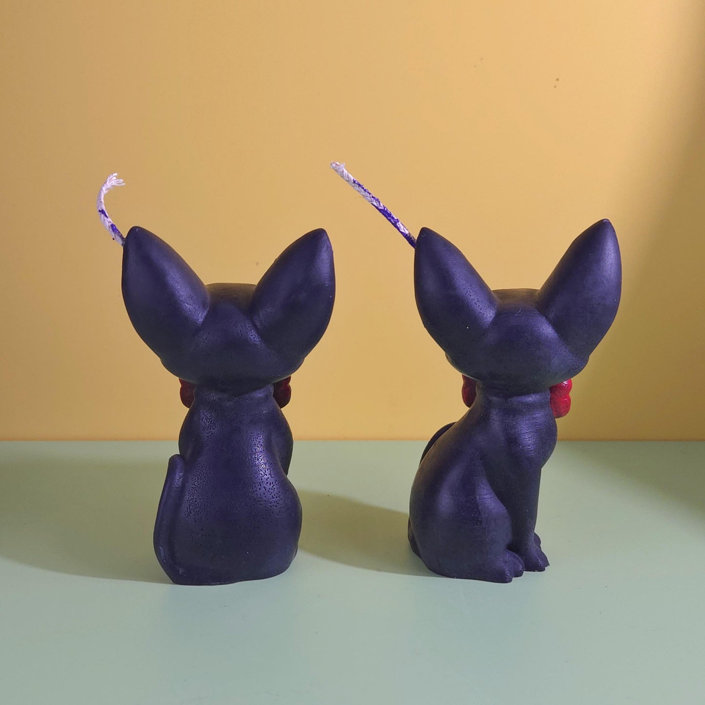 Hand-poured soy wax Jiji black cat candle with red bow tie, inspired by Kiki’s Delivery Service, Studio Ghibli gift for anime and cat lovers, 2.5x3.5 inches.