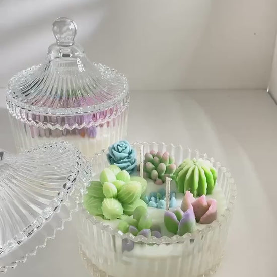 Cactus Garden candle/ Handmade candle/ Succulent candle /Pastel succulent candle/ Birthday Gift/Crystal Jar candle with lid/candle gift/