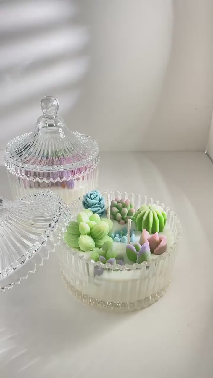 Cactus Garden candle/ Handmade candle/ Succulent candle /Pastel succulent candle/ Birthday Gift/Crystal Jar candle with lid/candle gift/