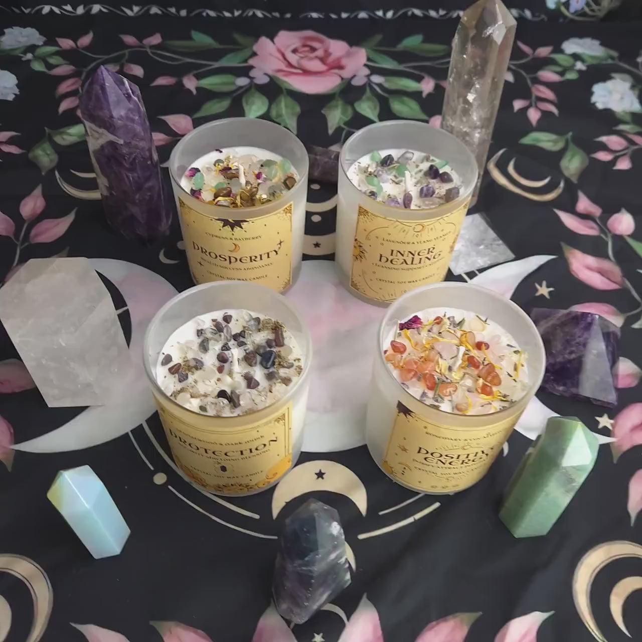 Crystal Intention Candle | 8oz Soy Wax Container Candle for Protection, Healing, Prosperity, Positive Energy | Herbal & Crystal Candle Gift